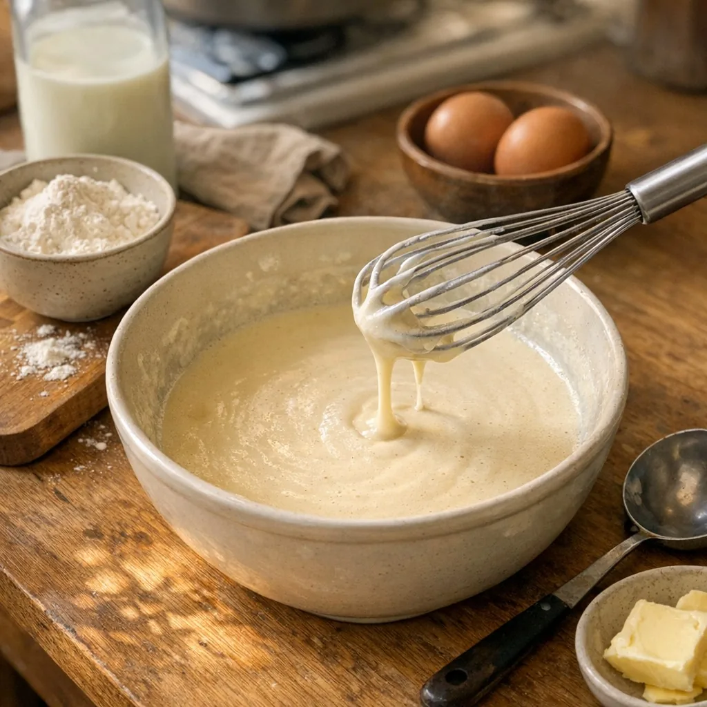 Blin (Блины) recipe, step 2: Add half the milk, then whisk in flour until smooth