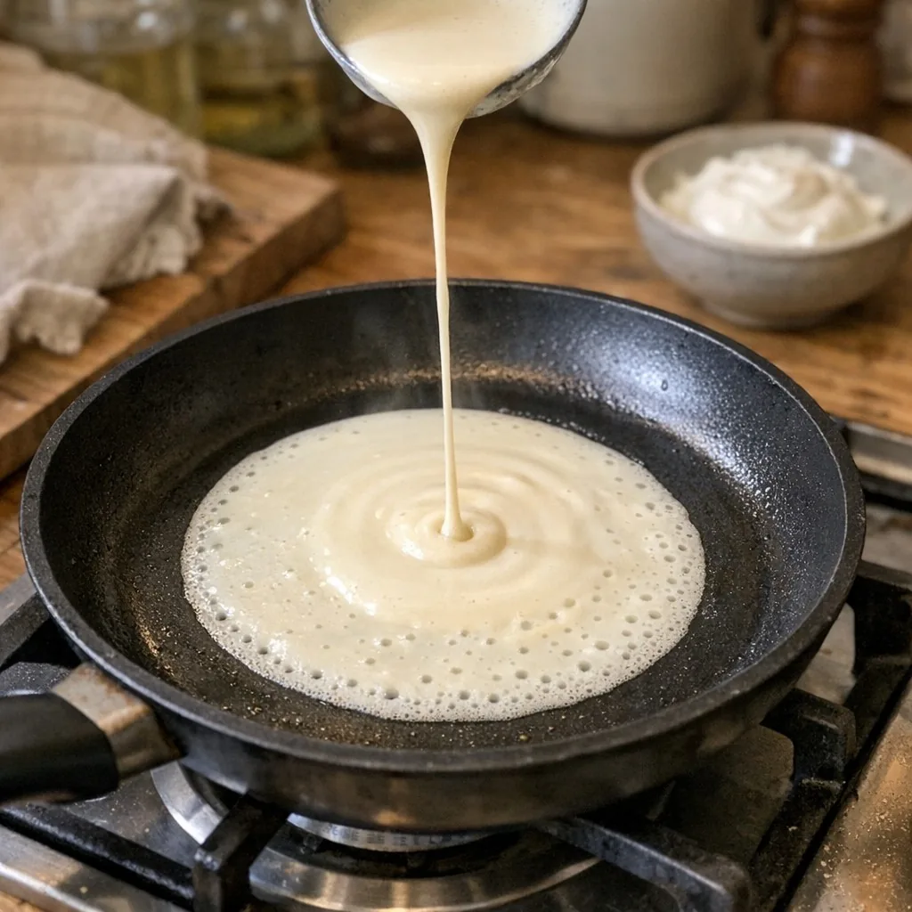 Blin (Блины) recipe, step 6: Pour a small ladle of batter and swirl quickly into a thin circle
