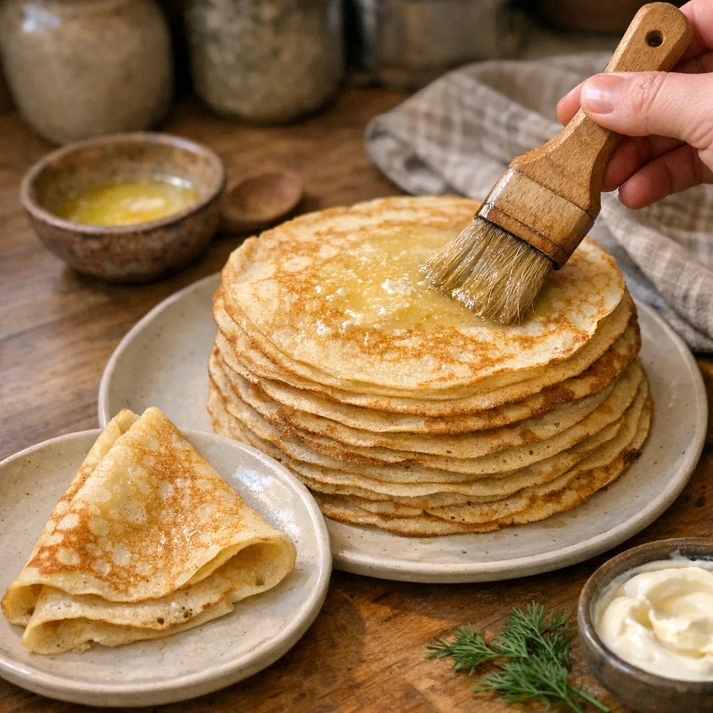Blin (Блины) recipe, step 10: Repeat with remaining batter, stacking blini to keep them warm