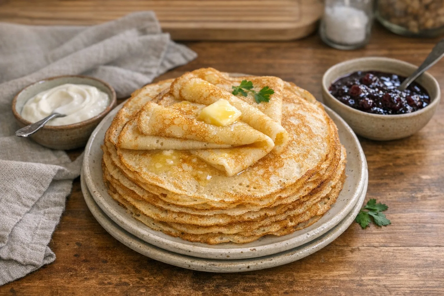 Blin (Блины) recipe photo: Thin Russian crepes served with butter, sour cream, jam, or caviar. Delicate and versatile