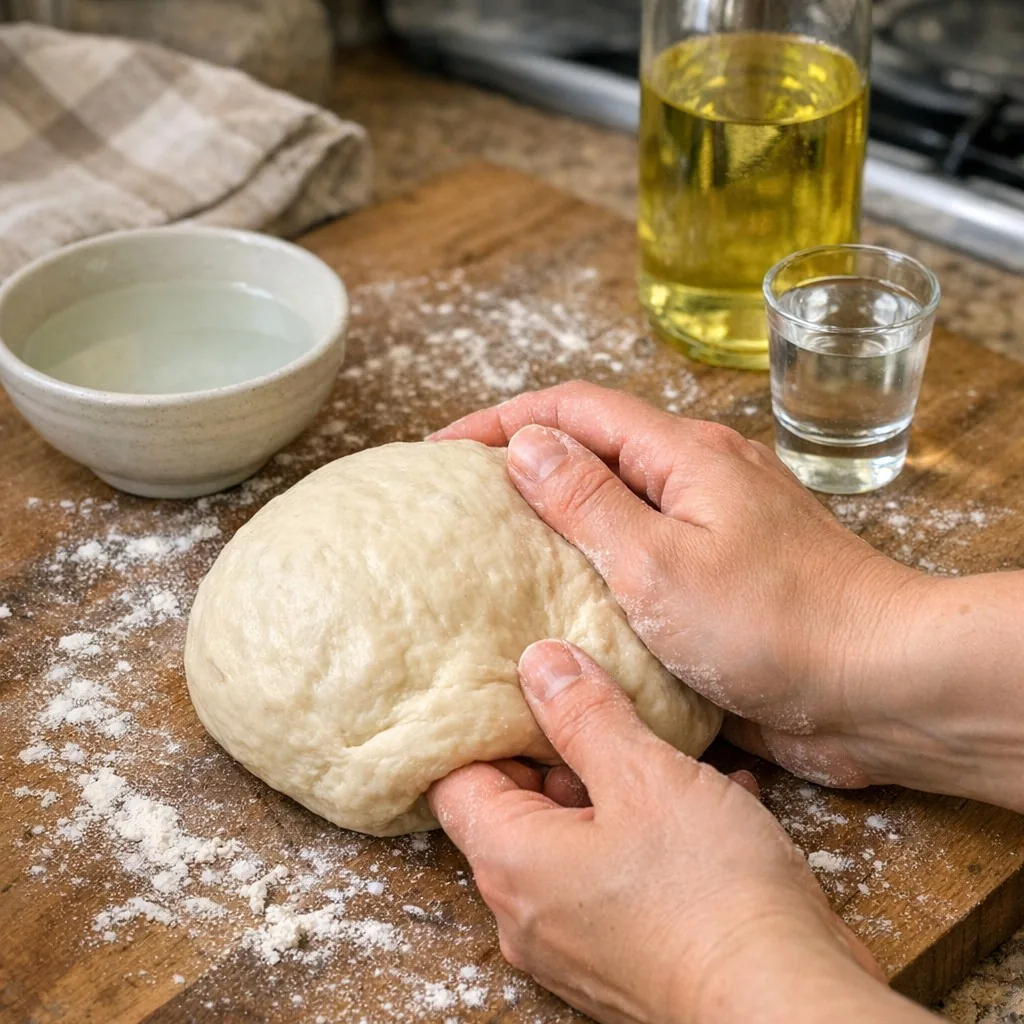 Чебуреки: шаг 1. Для теста: смешайте муку и соль, добавьте воду, масло и водку. Замешивайте 10 минут до гладкости