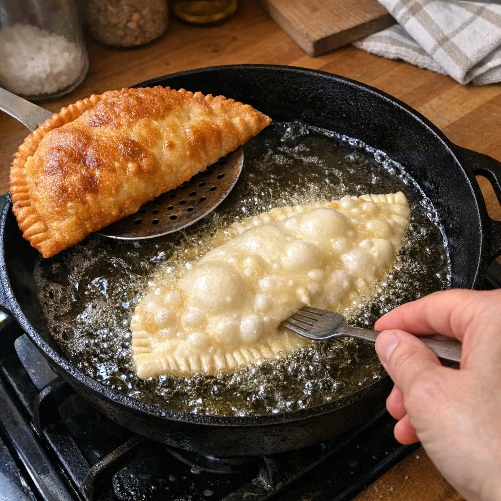 Чебуреки: шаг 10. Жарьте по 1-2 чебурека за раз по 3-4 минуты с каждой стороны до золотистости