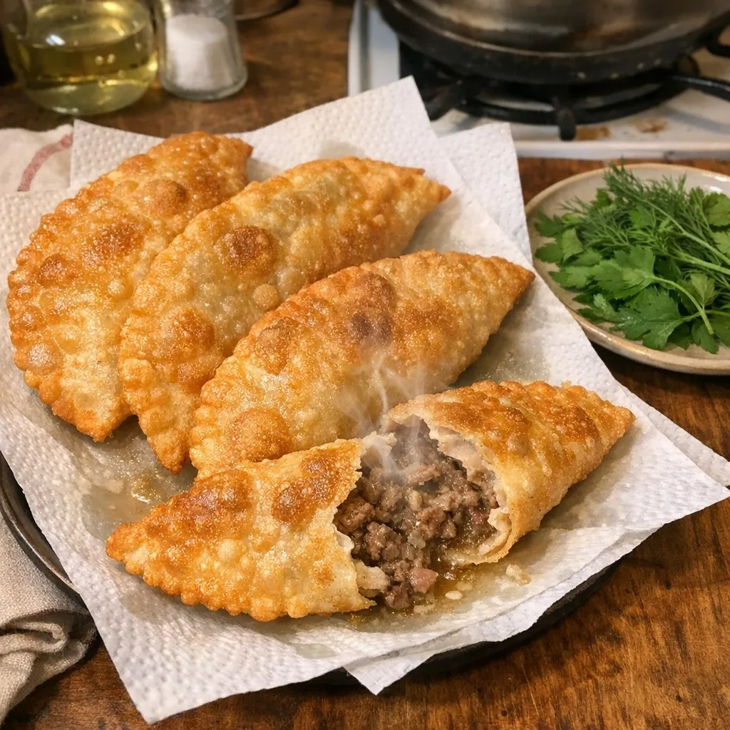 Чебуреки: шаг 12. Подавайте сразу, пока чебуреки горячие и хрустящие