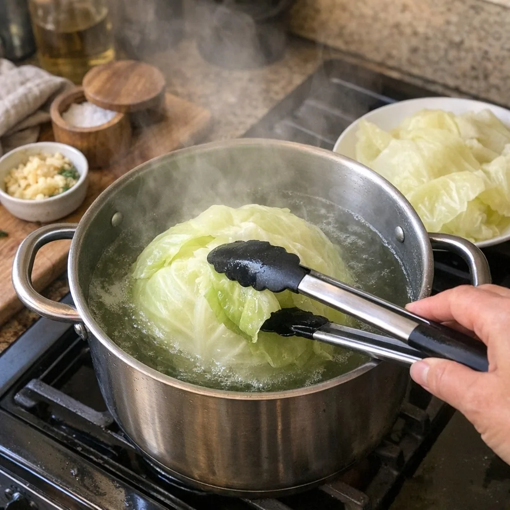 Golubtsi (Голубцы) recipe, step 1: Core cabbage and blanch in boiling water, removing softened leaves one by one