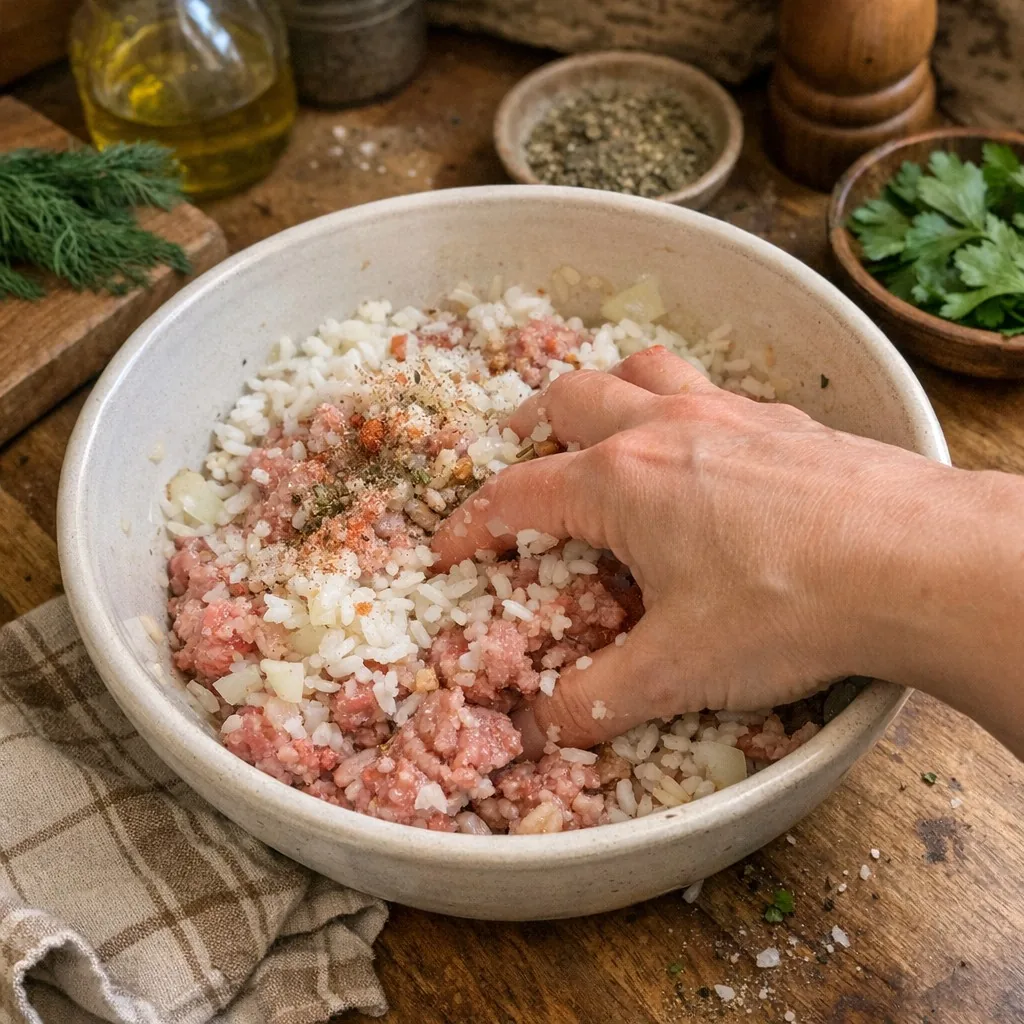 Golubtsi (Голубцы) recipe, step 4: Mix ground meat, rice, half of sautéed vegetables, salt, pepper, and paprika