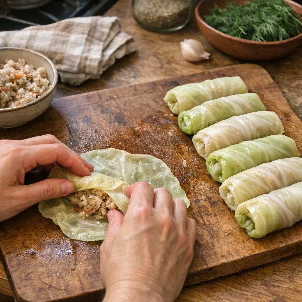 Golubtsi (Голубцы) recipe, step 6: Arrange rolls seam-side down in a deep pot or Dutch oven