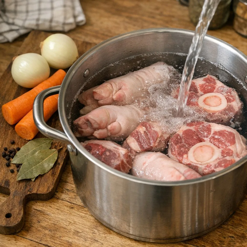 Холодець: крок 1. Ретельно промийте м’ясо, перекладіть у велику каструлю та залийте холодною водою так, щоб вона покривала м’ясо приблизно на 5 см