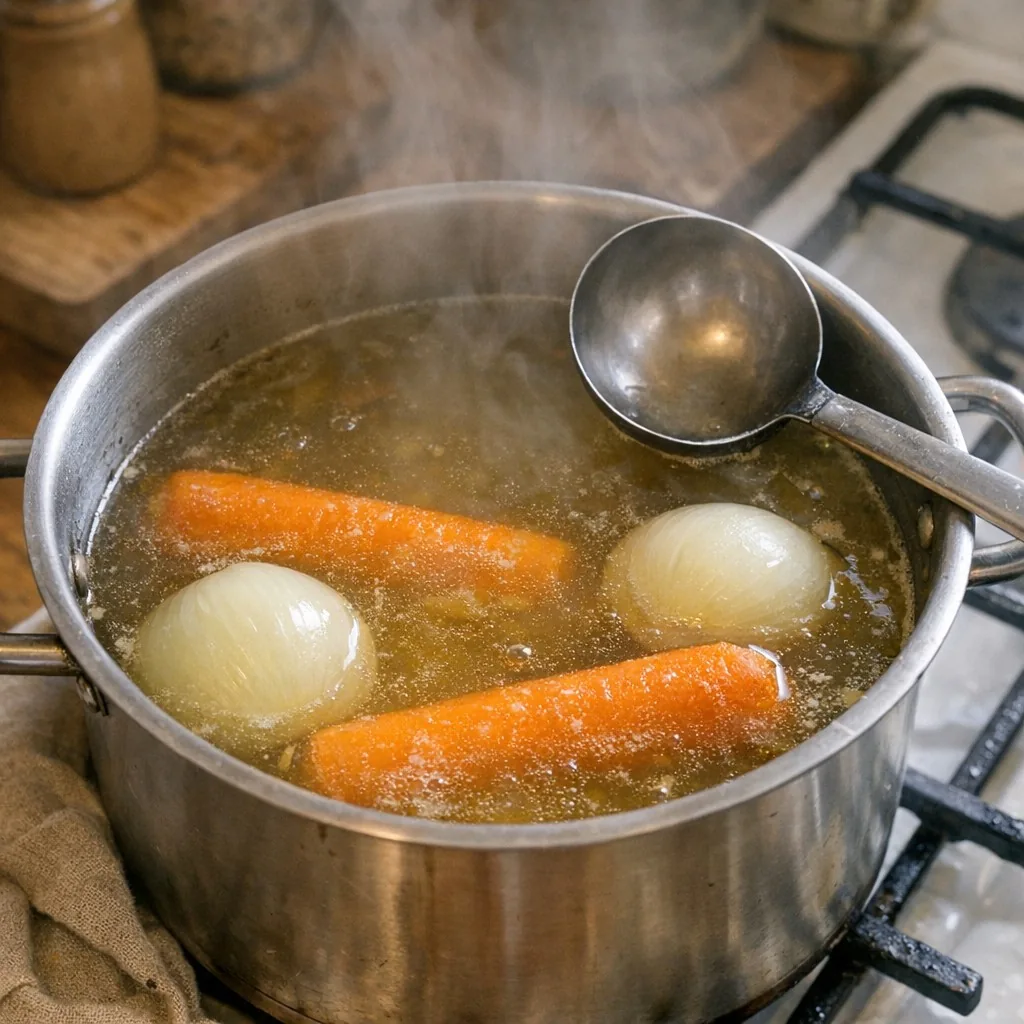 Холодець: крок 4. Зменште вогонь до слабкого кипіння й варіть під кришкою 6-8 годин, за потреби доливаючи воду