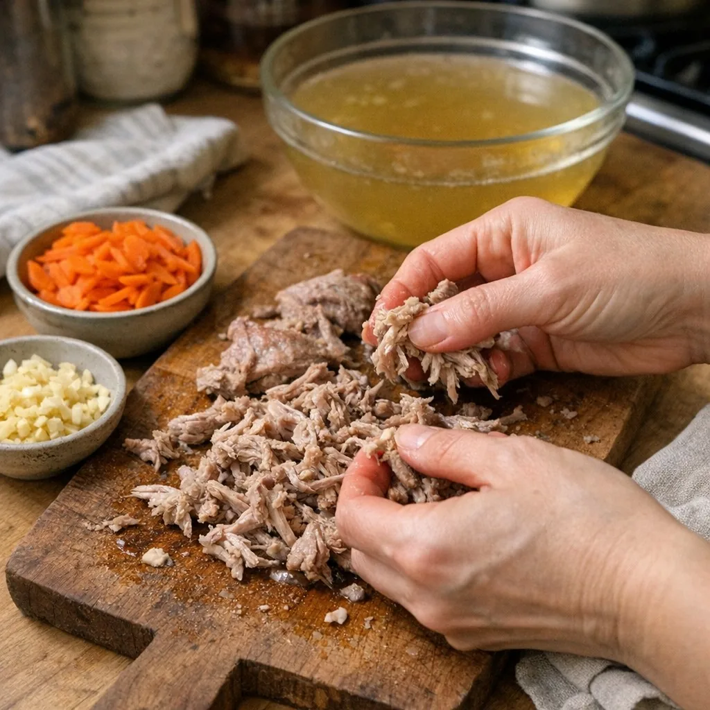 Холодець: крок 6. Розберіть м’ясо на невеликі волокна на один укус, прибираючи кістки, зайвий жир і хрящі