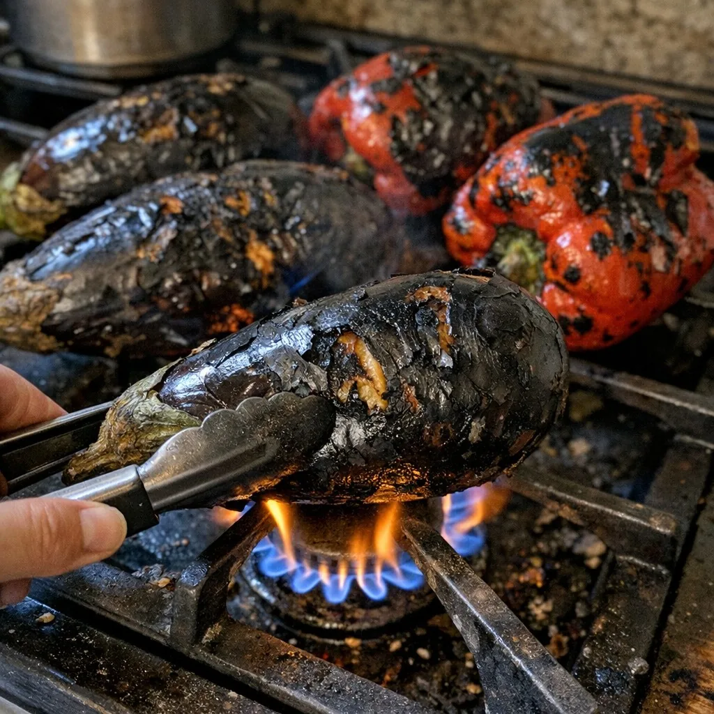 Икра из баклажанов: шаг 1. Проколите баклажаны вилкой. Обуглите баклажаны и перец на открытом огне или под грилем, пока кожица не почернеет