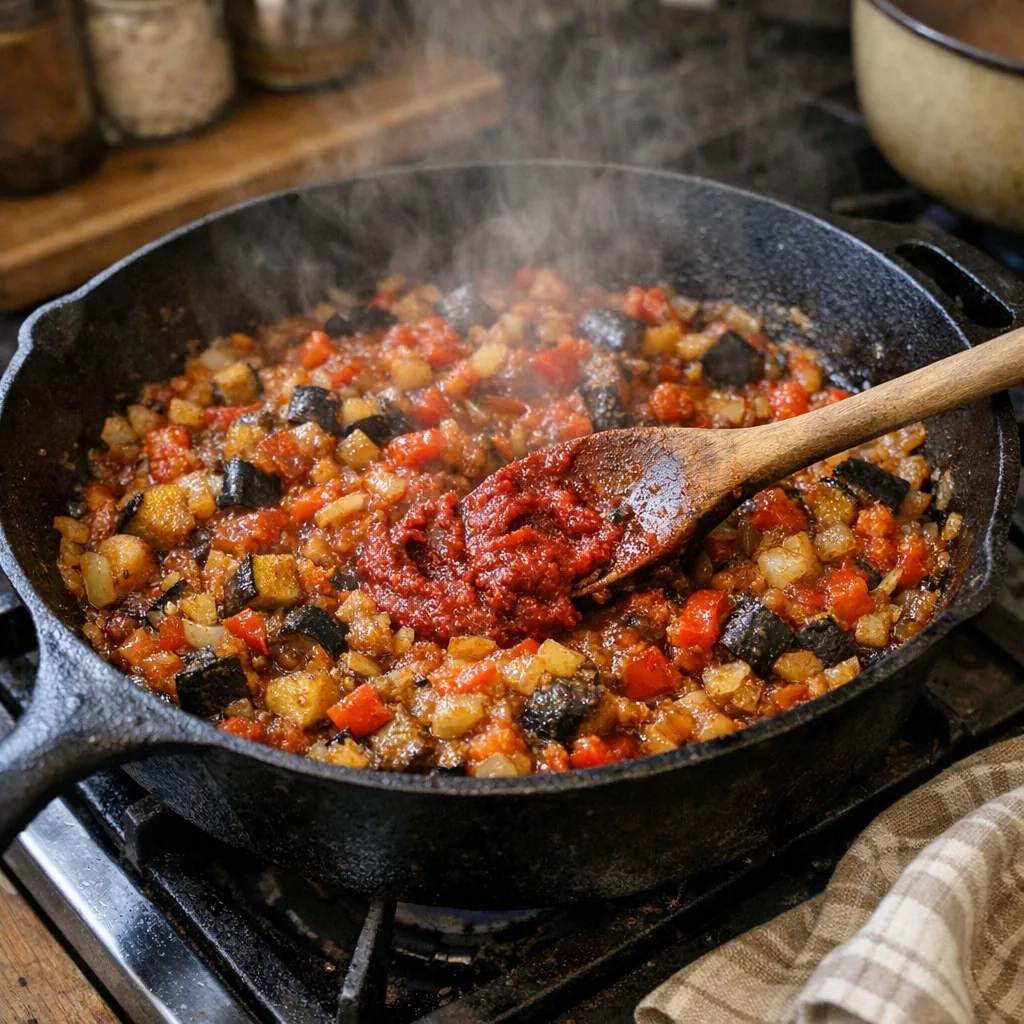 Икра из баклажанов: шаг 7. Добавьте баклажаны, перец и помидоры, вмешайте томатную пасту