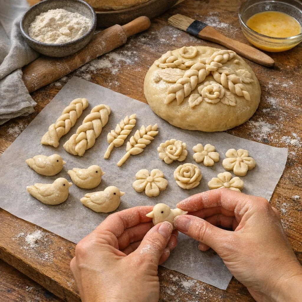 Коровай: шаг 8. Из оставшегося теста сделайте украшения толщиной около 1 см: косы, цветы, птиц и колоски