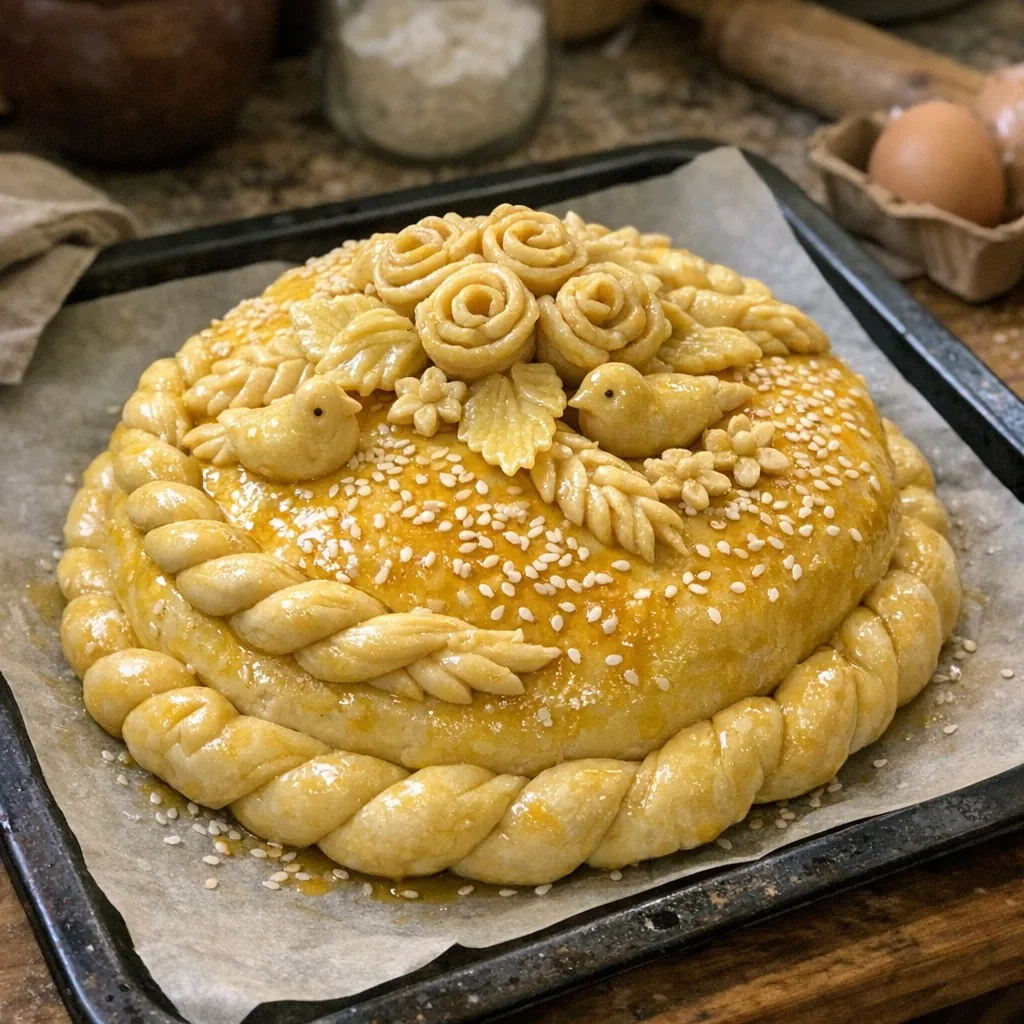 Коровай: шаг 9. Закрепите украшения водой и красиво разложите сверху