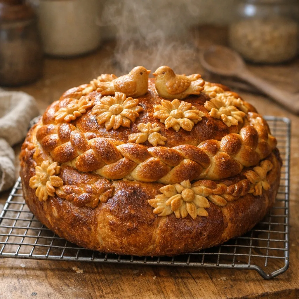 Коровай: шаг 12. Выпекайте при 180°C 45-50 минут до румяной корочки и глухого звука при постукивании