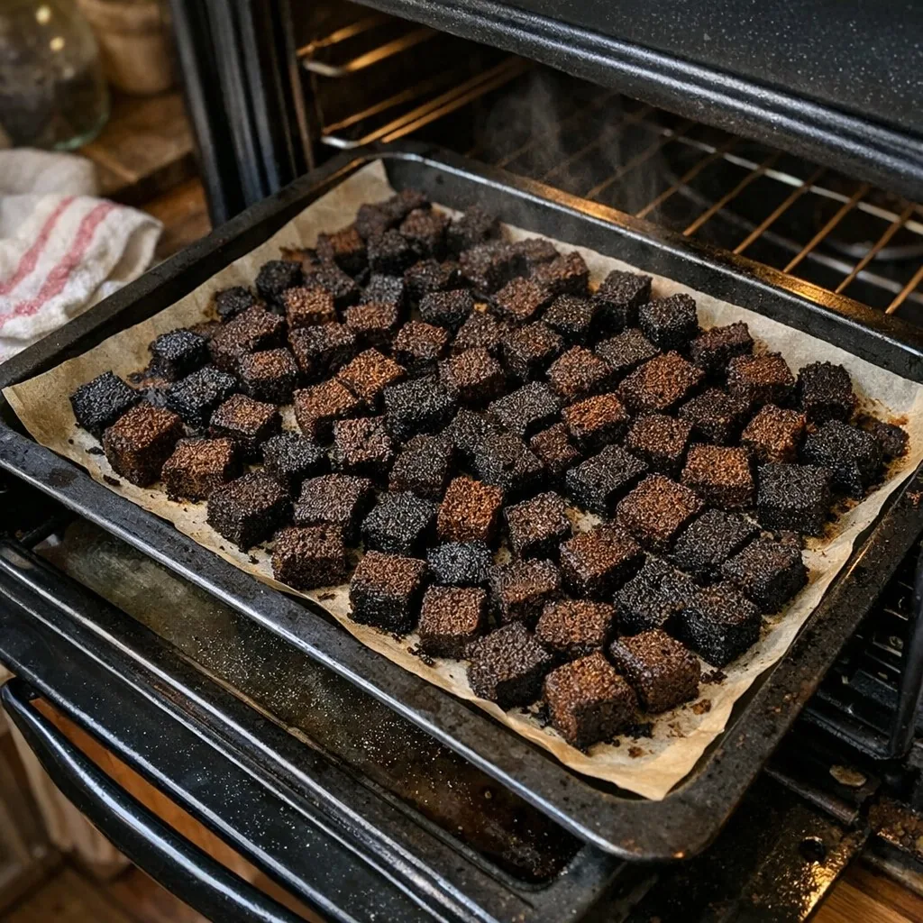 Квас: крок 1. Наріжте хліб кубиками та підсушіть у духовці при 180°C до дуже темного й хрусткого стану (20-30 хвилин)