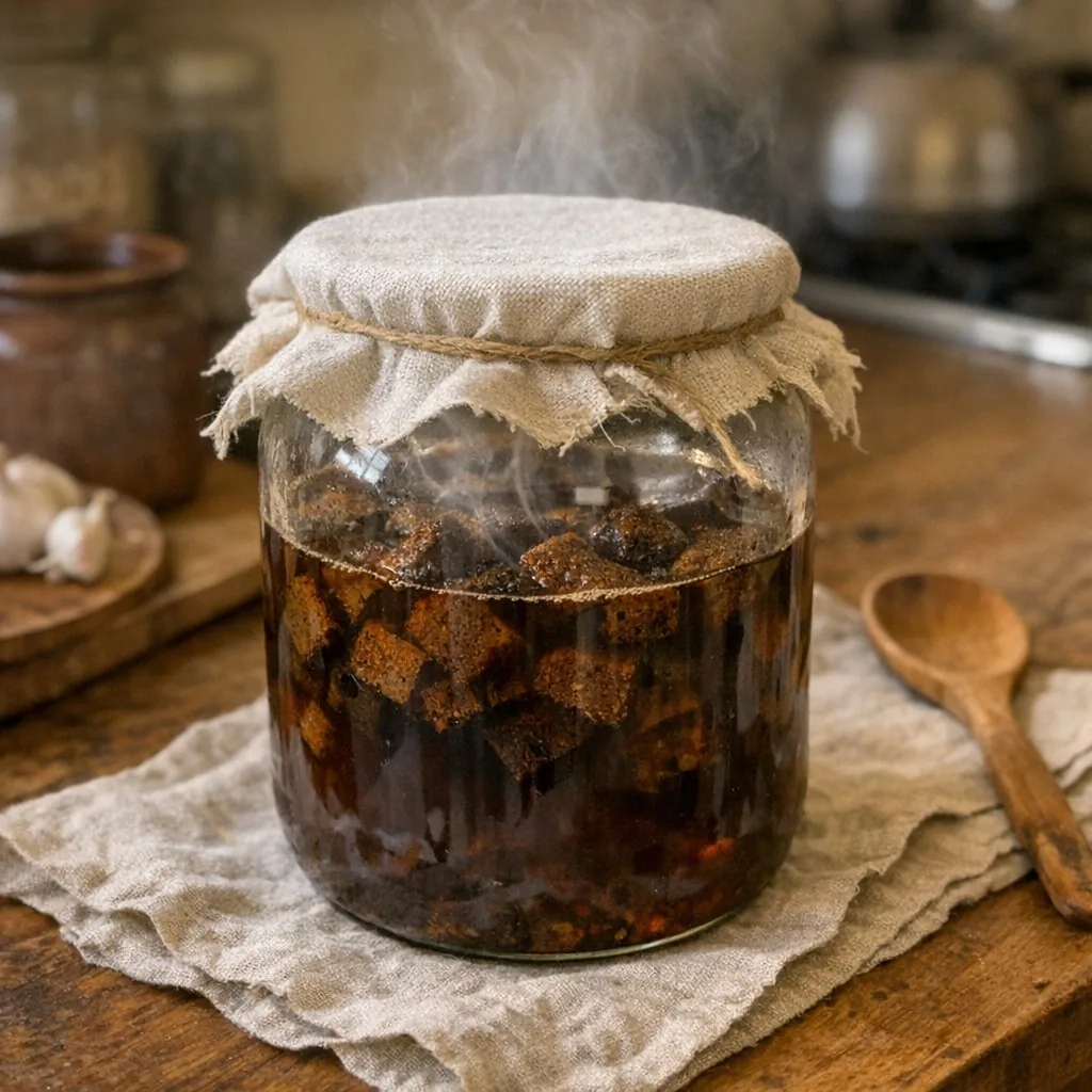 Квас: крок 2. Перекладіть сухарі у велику ємність і залийте 4 літрами окропу