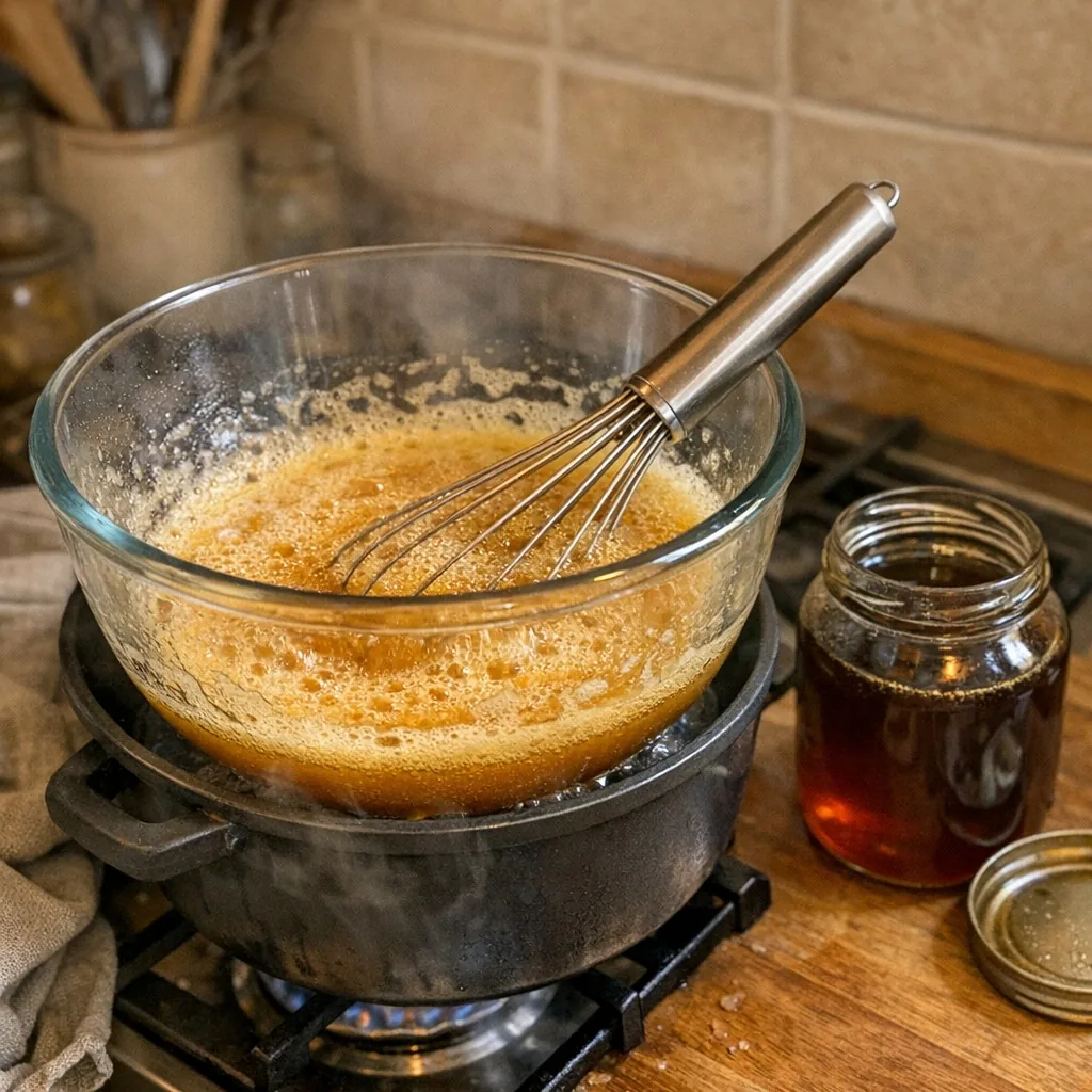 Медовик: шаг 1. В миске над водяной баней на слабом нагреве (дно миски не касается воды) соедините масло, сахар, яйца и мёд; постоянно взбивайте до растворен...