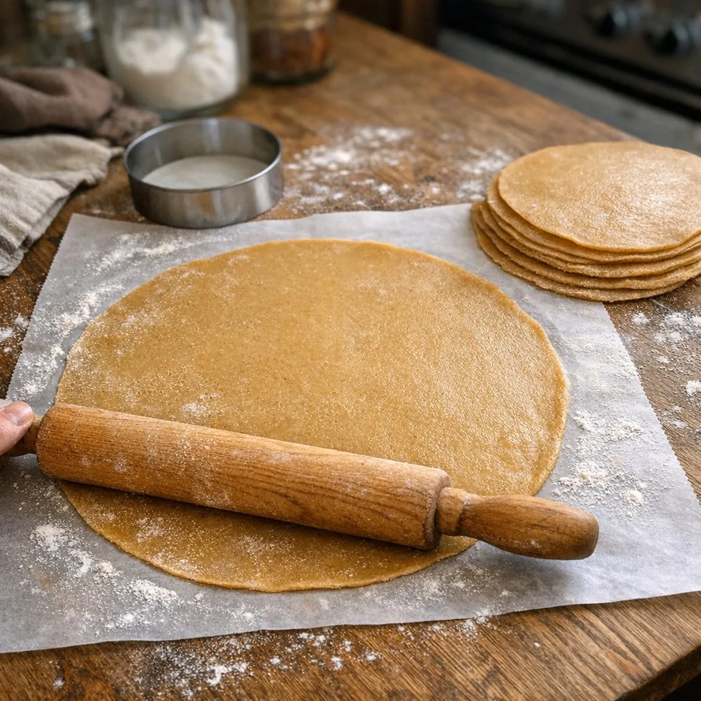 Медовик: шаг 6. Каждую часть раскатайте очень тонко (2-3 мм) на пергаменте, слегка подпудривая мукой, затем вырежьте круги 20 см и наколите вилкой