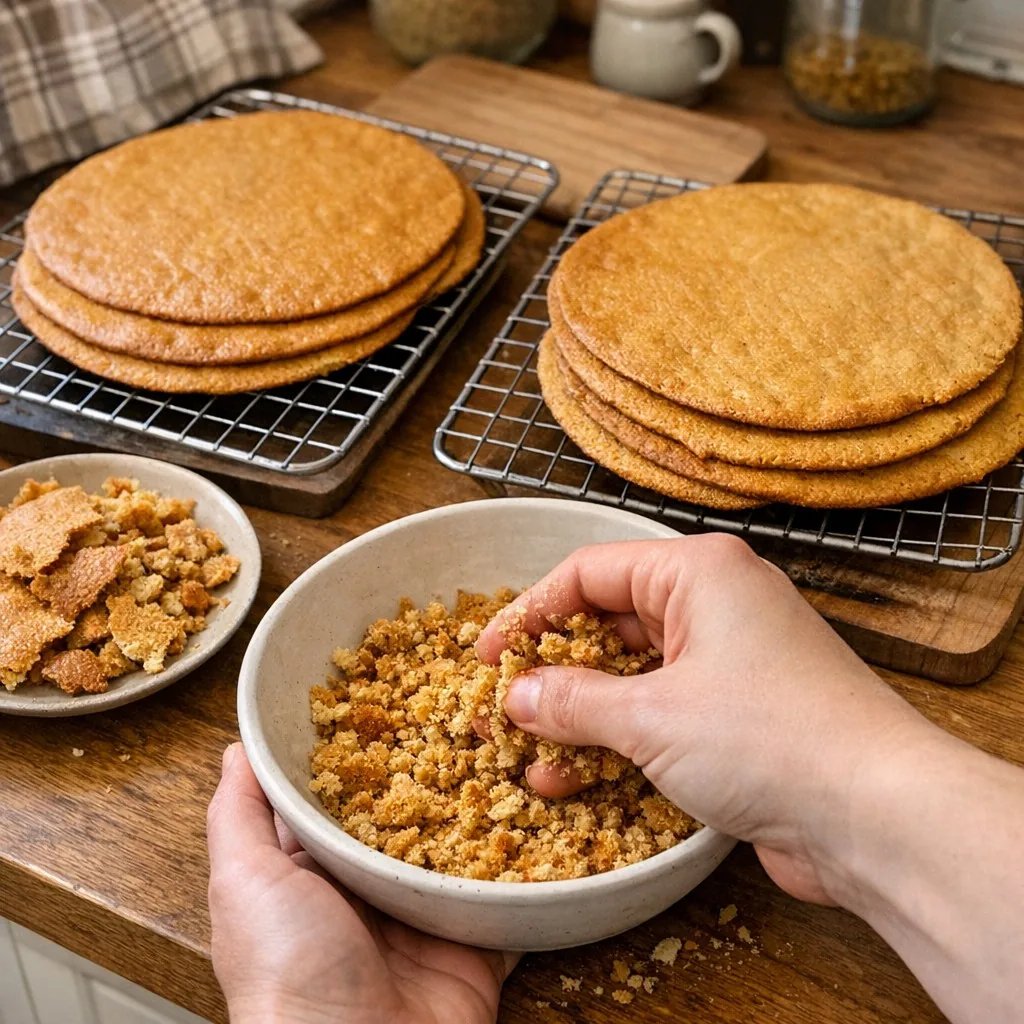 Медовик: шаг 7. Выпекайте каждый корж 3-4 минуты до золотистого цвета, затем остужайте на решётке