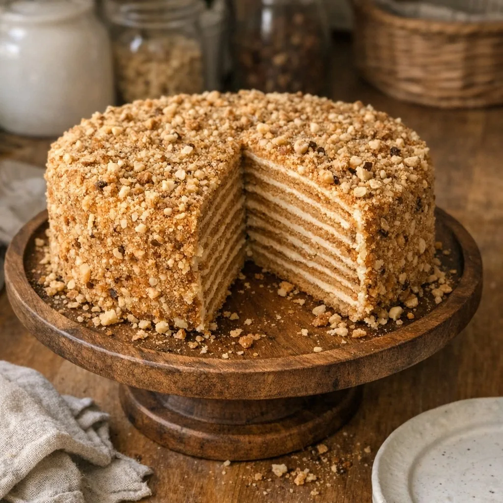 Медовик: шаг 12. Посыпьте верх и бока орехами или крошкой