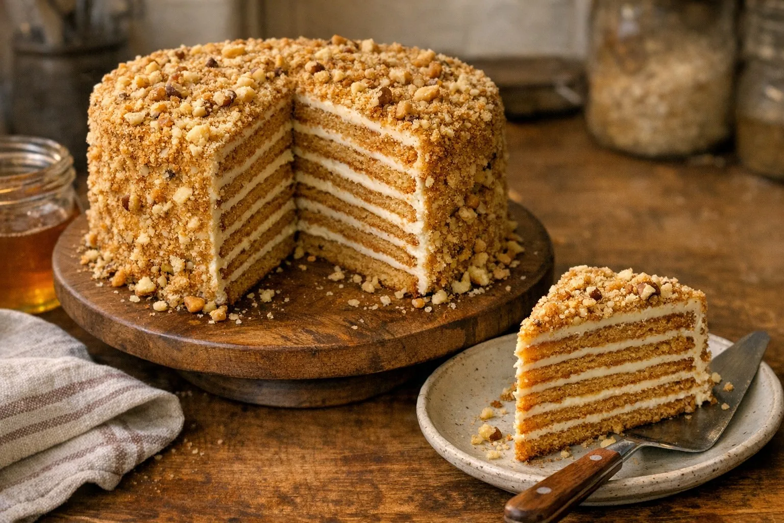 Medovik (Медовик) Medovik (Медовик) recipe photo: Classic Russian honey layer cake with dulce de leche cream. Irresistibly sweet and tender