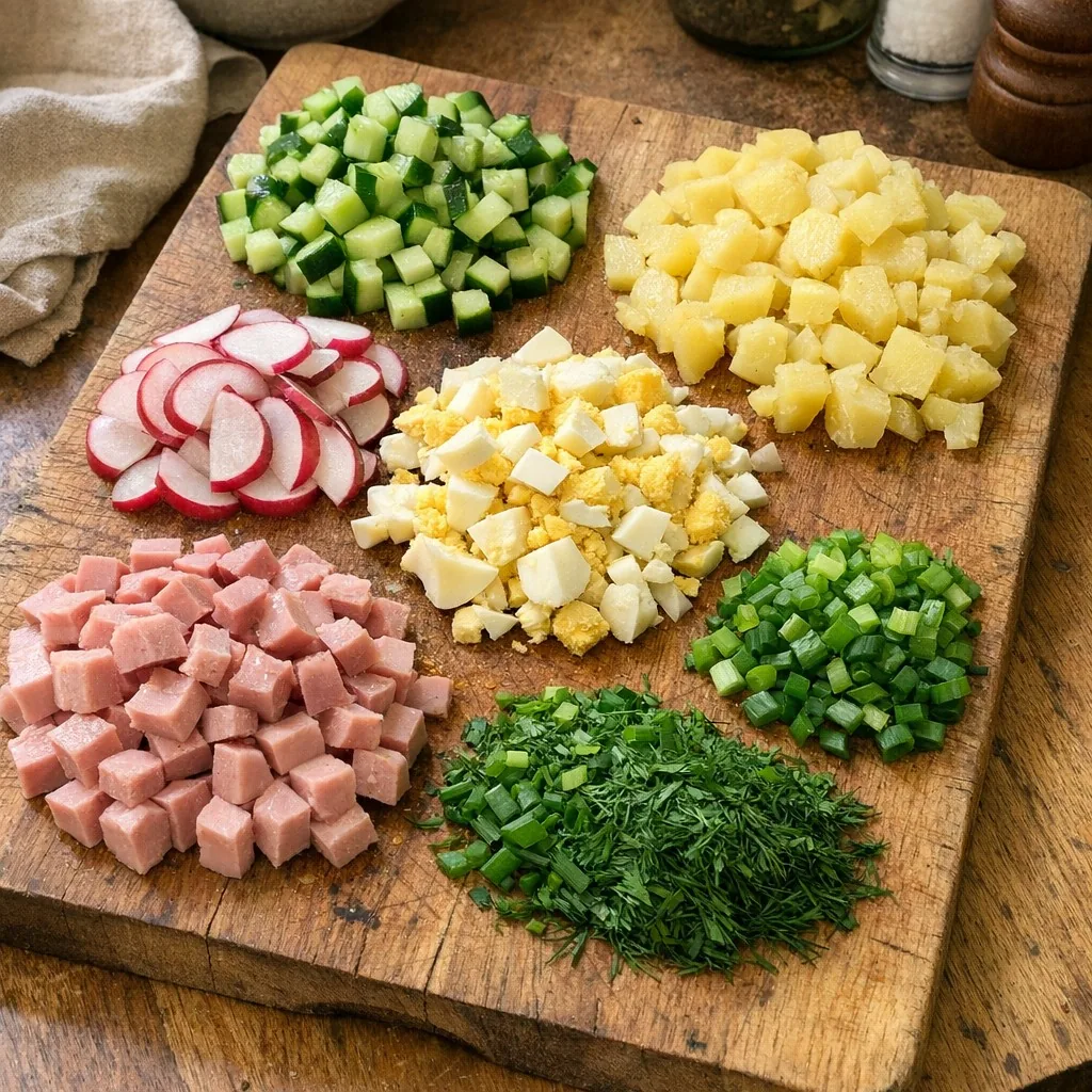 Окрошка: крок 3. Наріжте огірки, редис і м’ясо однаковими кубиками 5-7 мм, щоб кожна ложка була збалансованою