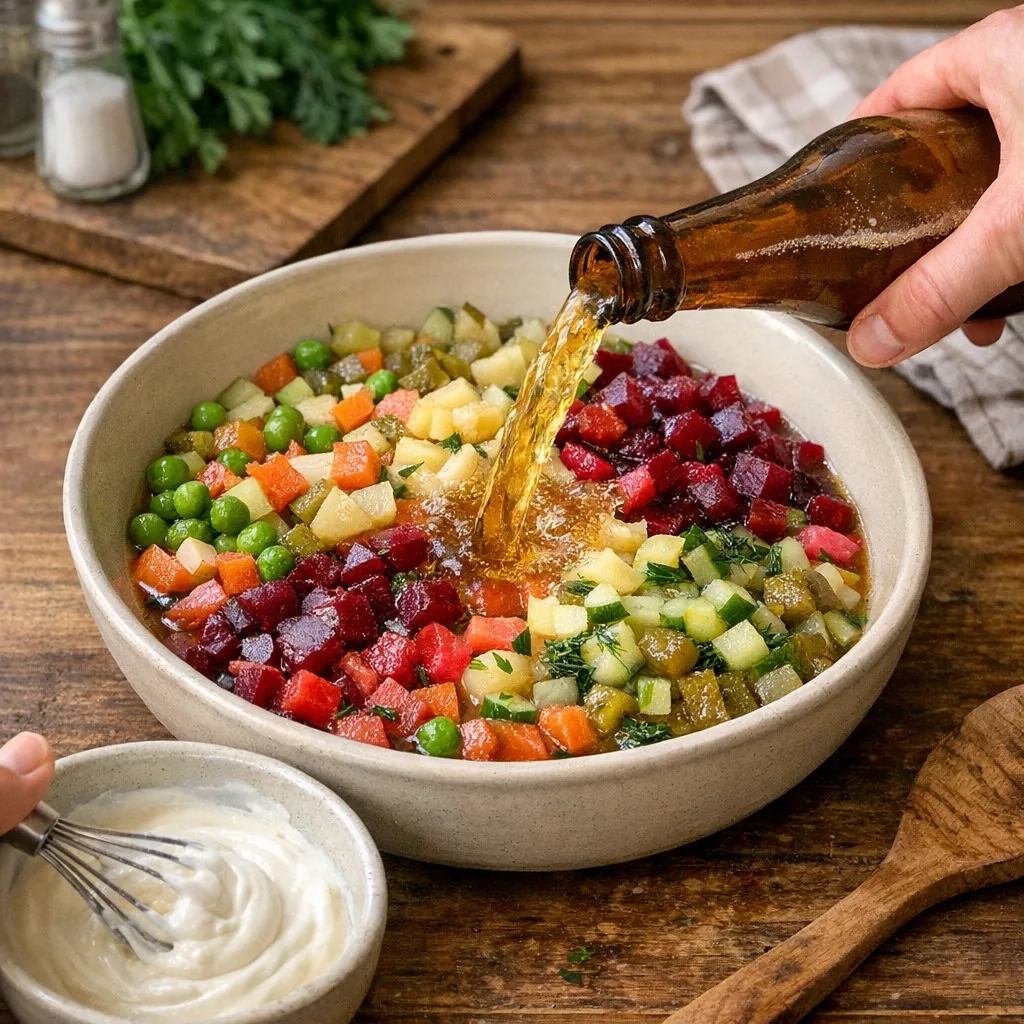 Окрошка: крок 8. Влийте рідку основу до овочів і м’яса, обережно перемішайте