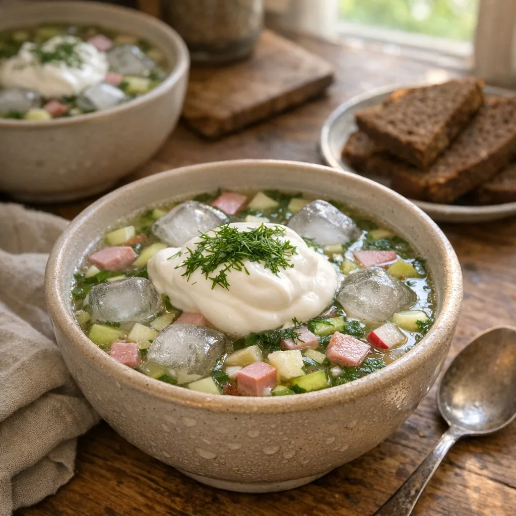 Окрошка: крок 11. Подавайте дуже холодною, з додатковою сметаною та кропом