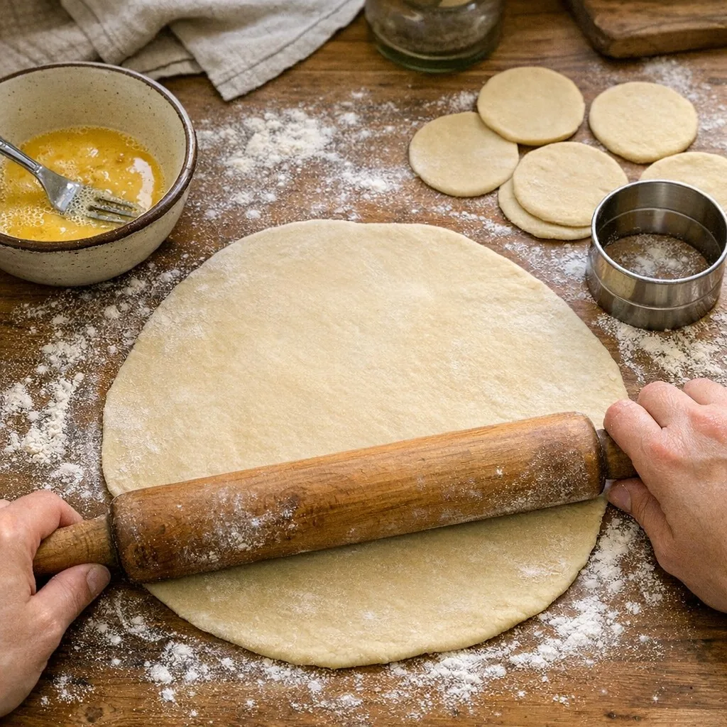 Пельмені: крок 5. Розкачайте тісто дуже тонко (близько 2 мм) на присипаній борошном поверхні, працюючи з однією частиною за раз, а решту тримайте під плівкою