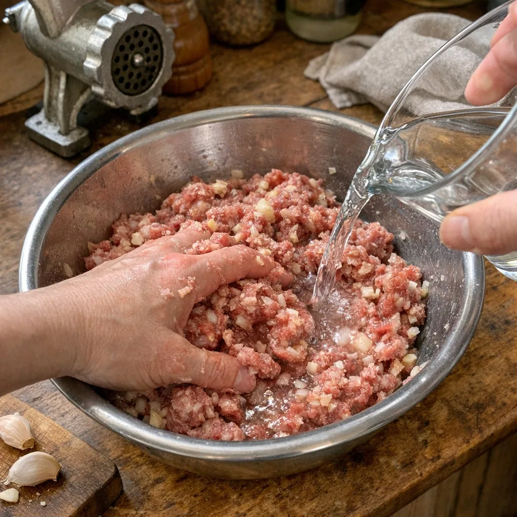 Пельмені: крок 3. Для начинки: змішайте обидва види фаршу з цибулею, часником, сіллю та перцем