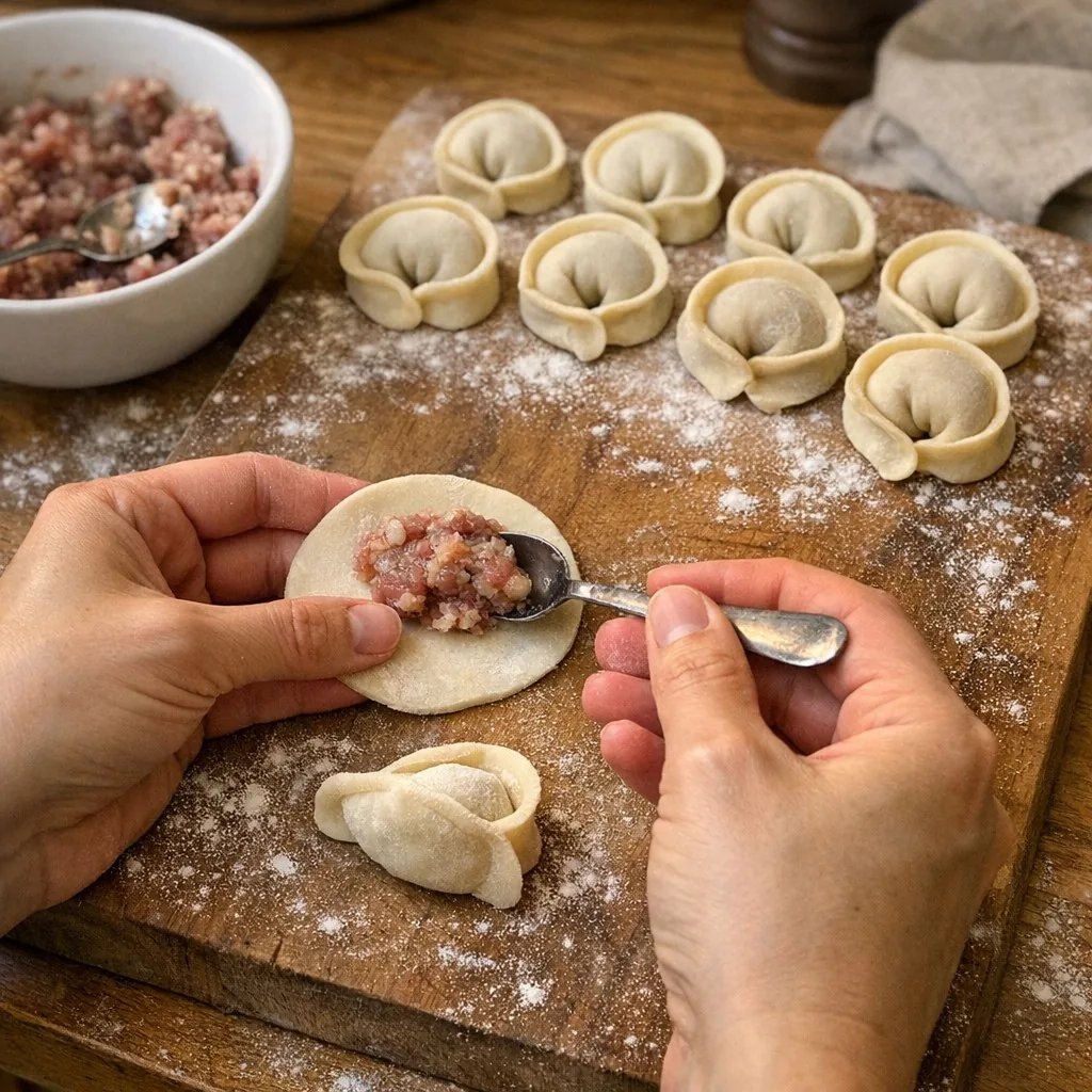 Пельмені: крок 8. Складіть навпіл, щільно защипніть краї, потім з’єднайте та защипніть кутики