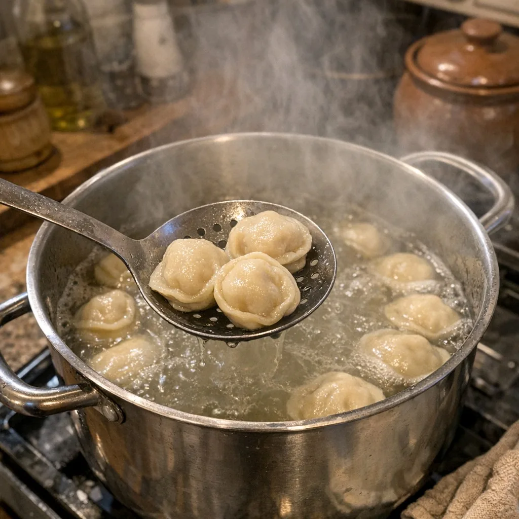 Пельмені: крок 11. Опускайте пельмені партіями, не переповнюючи каструлю. Один раз обережно перемішайте, потім після спливання варіть 5-7 хвилин