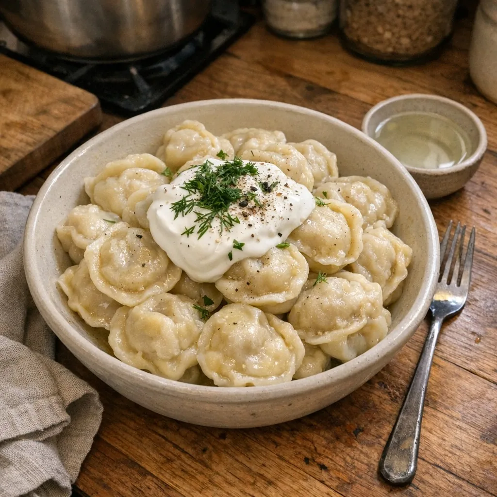 Пельмені: крок 12. Подавайте гарячими з маслом, сметаною, оцтом і кропом