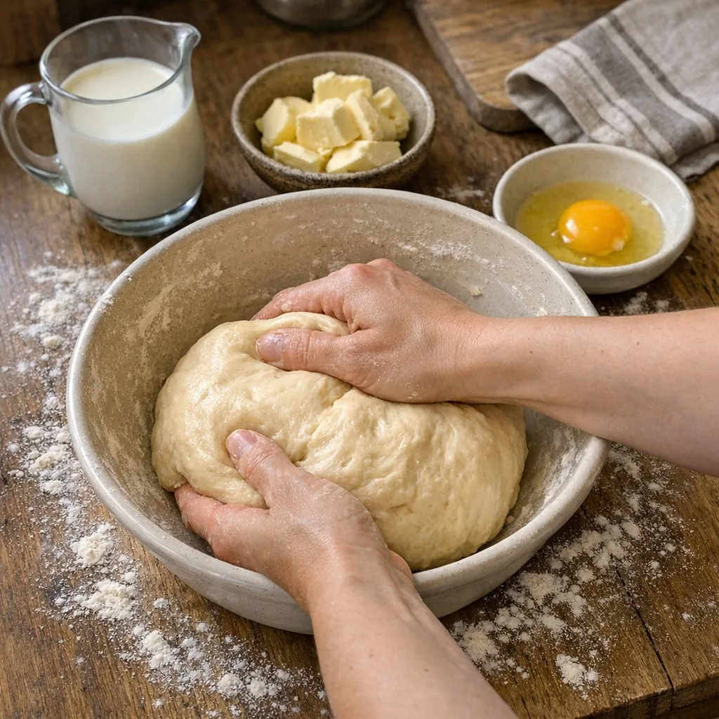 Piroshki (Пирожки / Pirozhki / Piroshky / Piroski) recipe, step 2: In a bowl, combine flour and salt. Add yeast mixture, egg, and melted butter