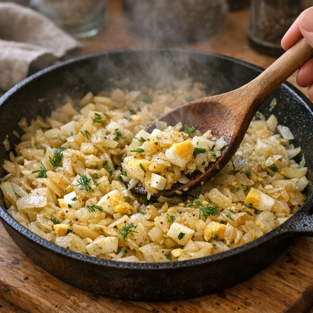 Piroshki (Пирожки / Pirozhki / Piroshky / Piroski) recipe, step 6: Cool slightly, then mix with chopped boiled eggs. Season with salt and pepper
