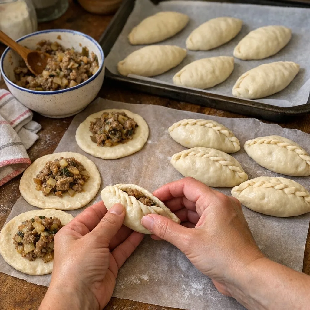 Piroshki (Пирожки / Pirozhki / Piroshky / Piroski) recipe, step 9: Arrange on a lined tray seam-side down. Proof for 20-30 minutes