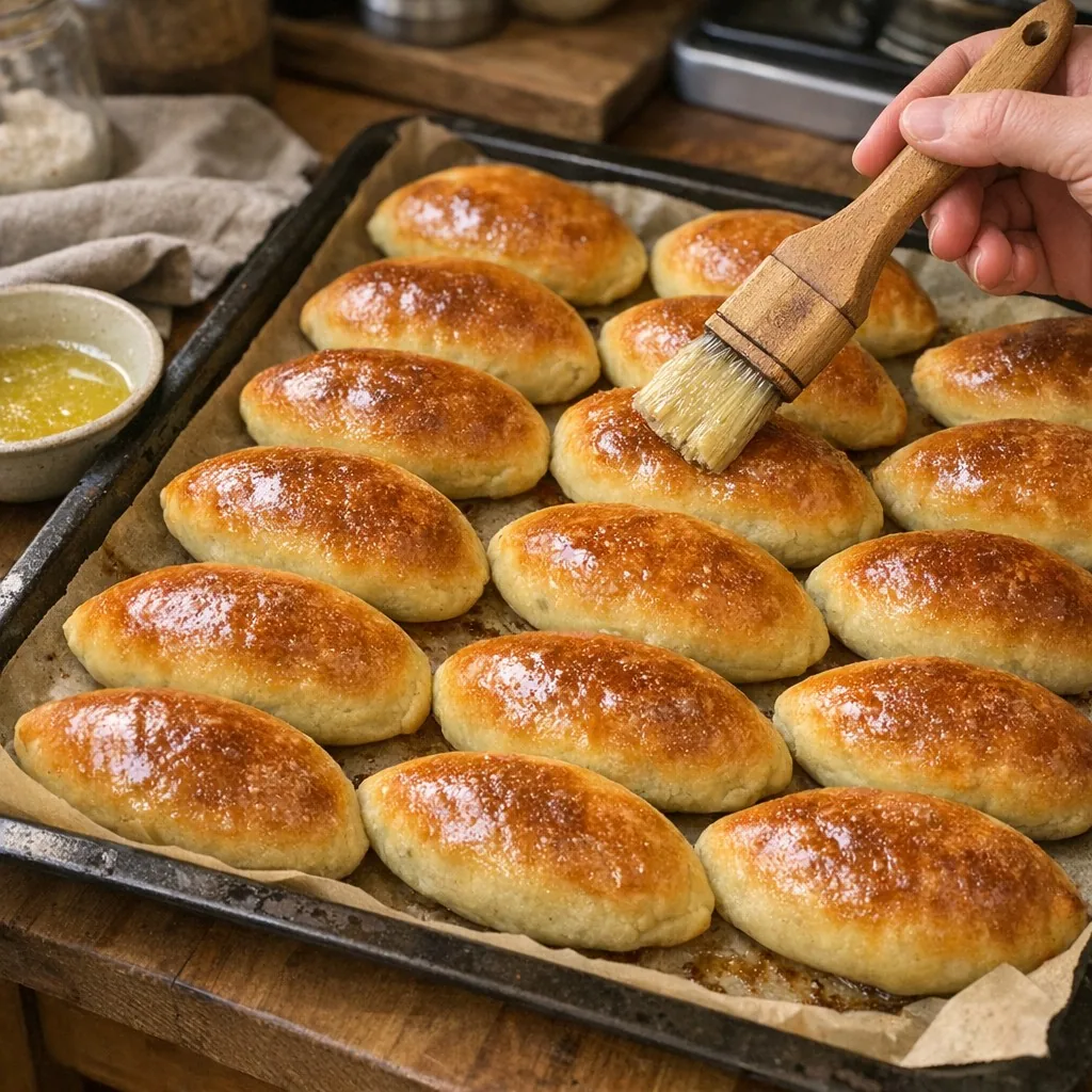 Piroshki (Пирожки / Pirozhki / Piroshky / Piroski) recipe, step 11: Bake at 190°C (375°F) for 20-25 minutes until golden brown