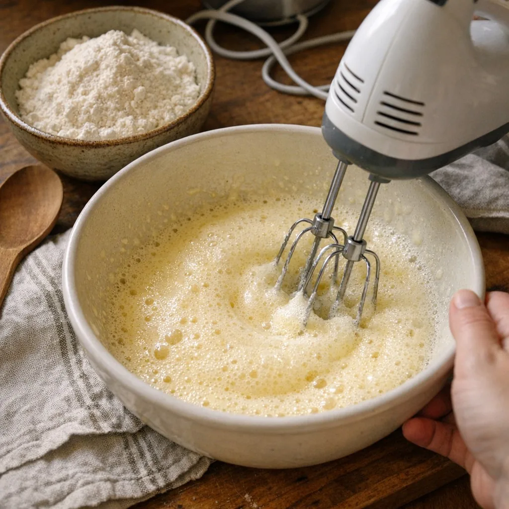 Sharlotka (Шарлотка) recipe, step 3: Whisk eggs, sugar, and salt until pale and fluffy, about 5-7 minutes