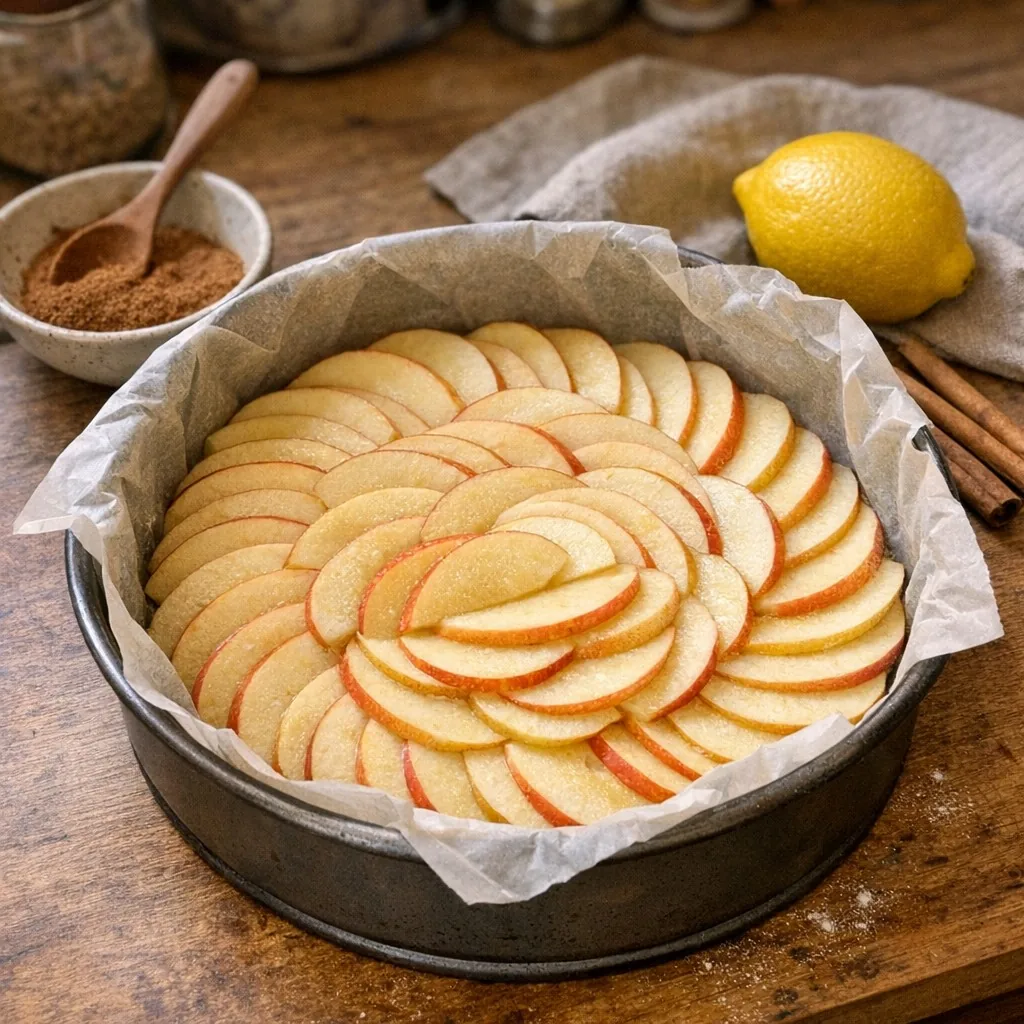 Sharlotka (Шарлотка) recipe, step 5: Arrange apples in the pan and pour batter evenly over them