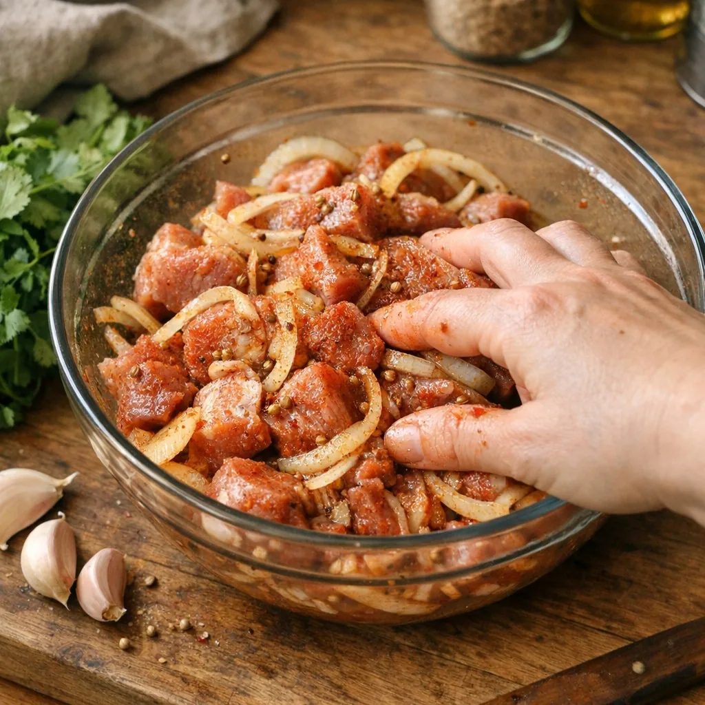 Шашлык: шаг 3. Добавьте мясо и тщательно вотрите маринад в каждый кусок