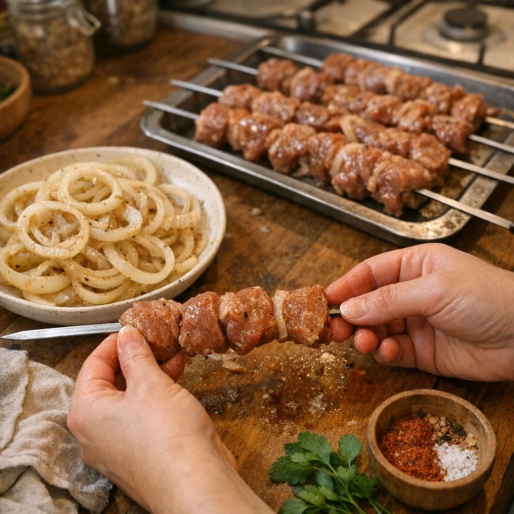 Шашлык: шаг 7. Нанизайте мясо на шампуры, оставляя небольшие промежутки между кусками для равномерного жара