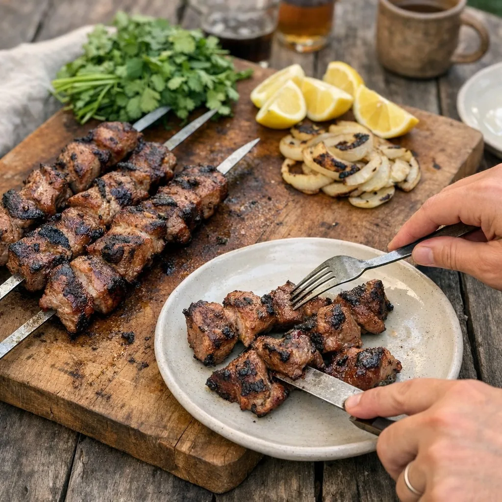 Шашлык: шаг 12. Дайте мясу отдохнуть 5 минут и подавайте с луком, зеленью и лимоном