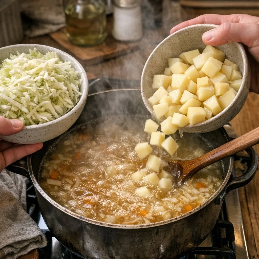 Shchi (Щи) recipe, step 6: Add shredded cabbage and potatoes to the broth