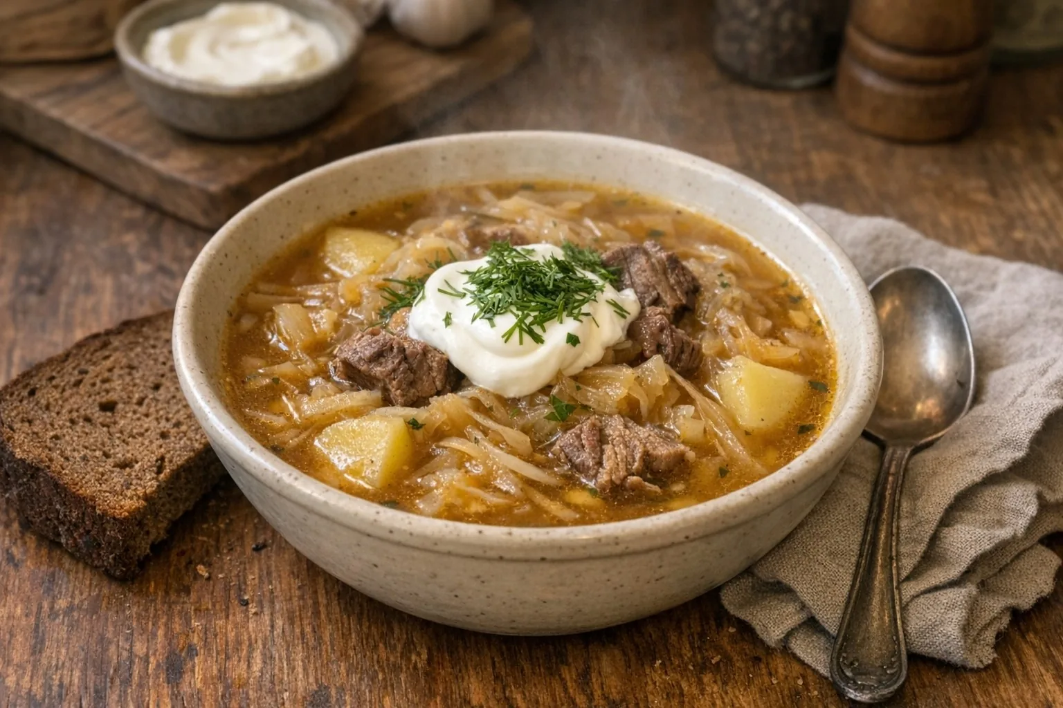 Shchi (Щи) recipe photo: Traditional Russian cabbage soup with a rich, comforting broth. Served with sour cream and dill