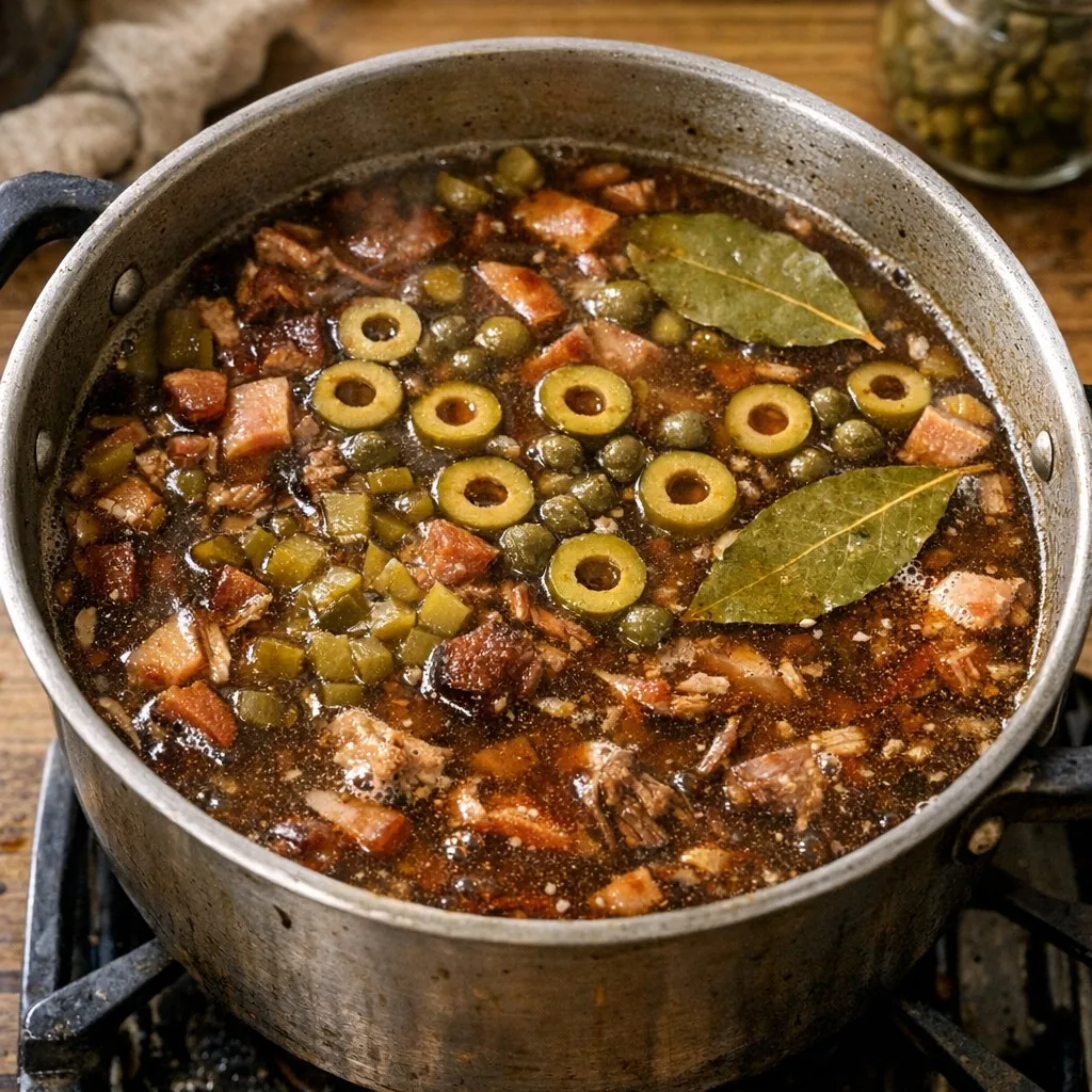 Солянка: крок 5. Покладіть лавровий лист, зменште вогонь і варіть 30 хвилин