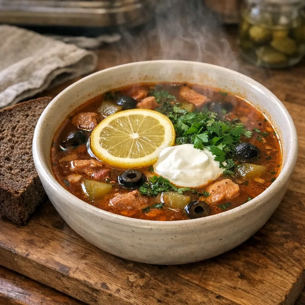 Солянка: крок 9. Подавайте гарячою з часточкою лимона, ложкою сметани та свіжою зеленню