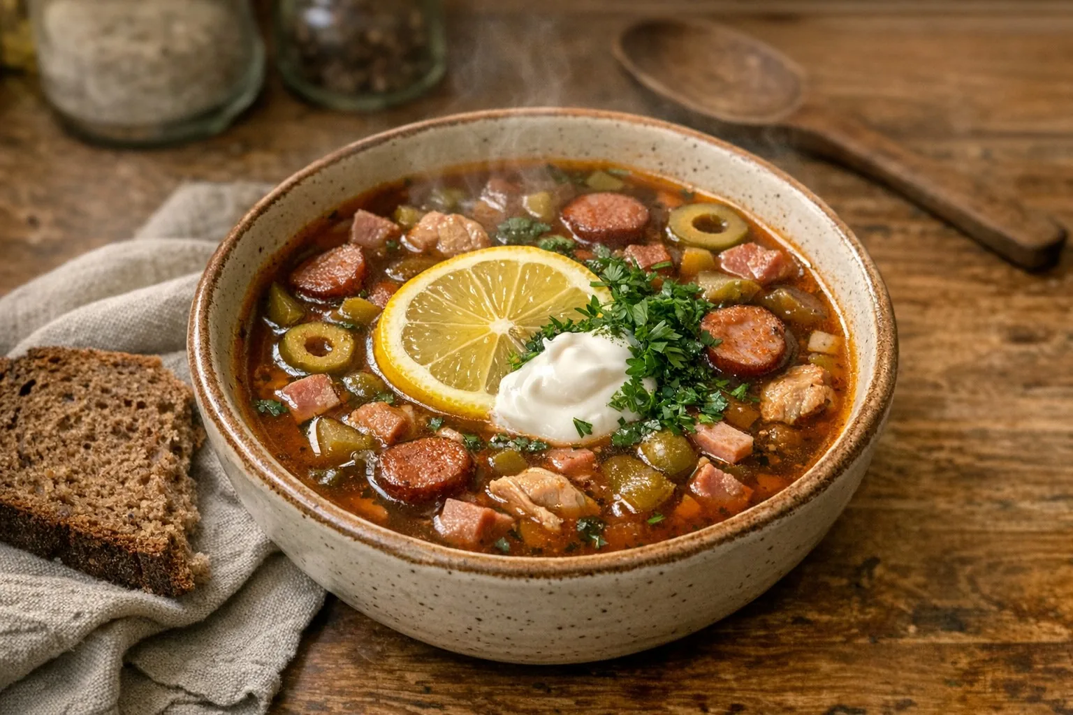 Solyanka (Солянка) Solyanka (Солянка) recipe photo: Hearty soup with mixed meats, pickles, and olives. Rich, tangy, and deeply satisfying