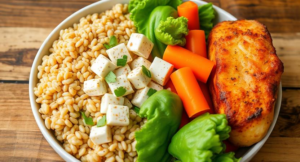 One balanced meal consists of nutritious grains, veggies, and lean protein.